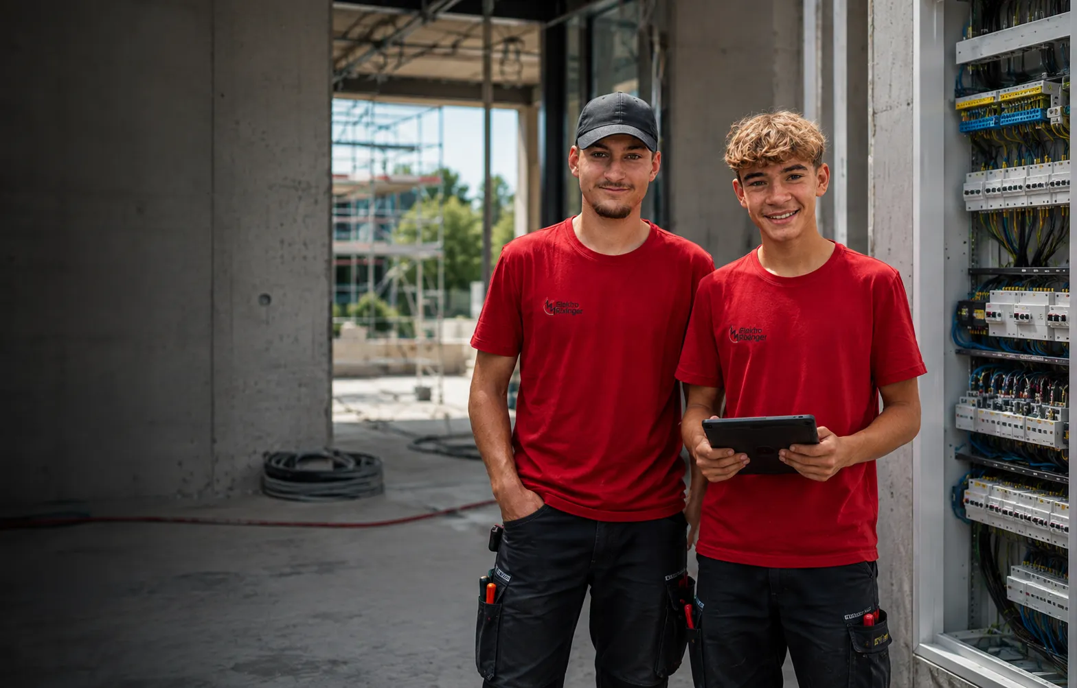 Zwei Mitarbeiter von Elektro Rixinger vor einem Schaltschrank auf einer Baustelle